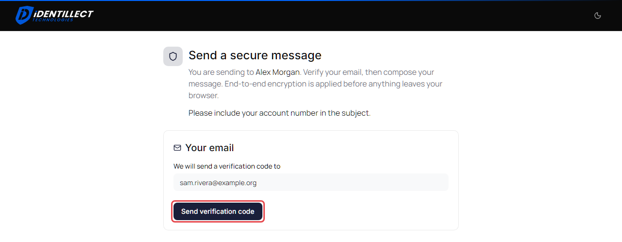 Email step of the Send a secure message page