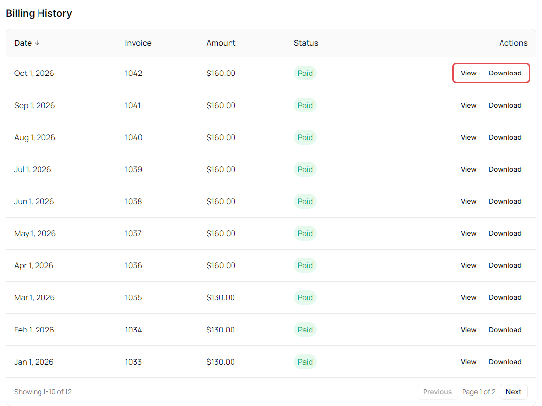 Billing History with monthly invoices, green Paid status badges and the View and Download buttons