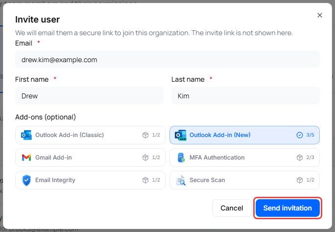 Invite user window with an email, a name and one add-on selected