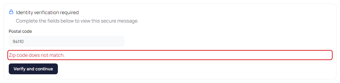 Identity verification form with a Postal code field and the error Zip code does not match.
