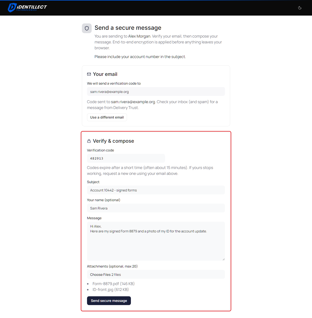 Compose step of the Send a secure message page