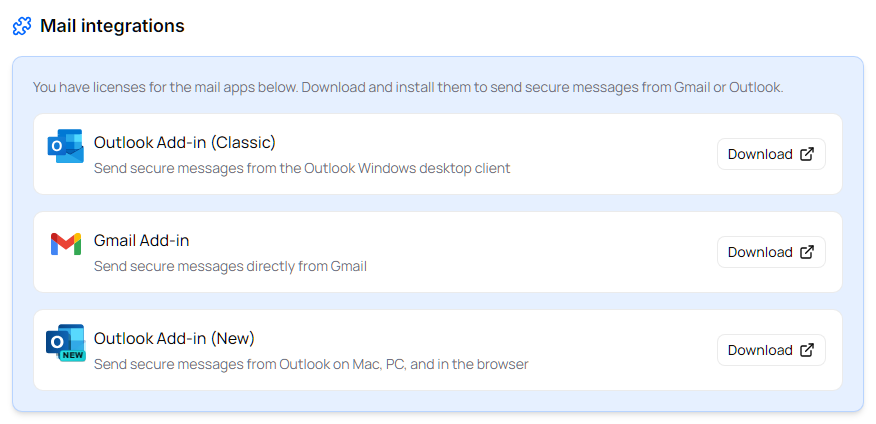 Mail integrations section listing Outlook Add-in (Classic), Outlook Add-in (New) and Gmail Add-in with Download buttons