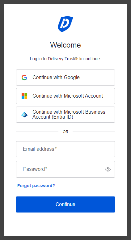 Delivery Trust sign-in page with email, password and Continue with Google or Microsoft options