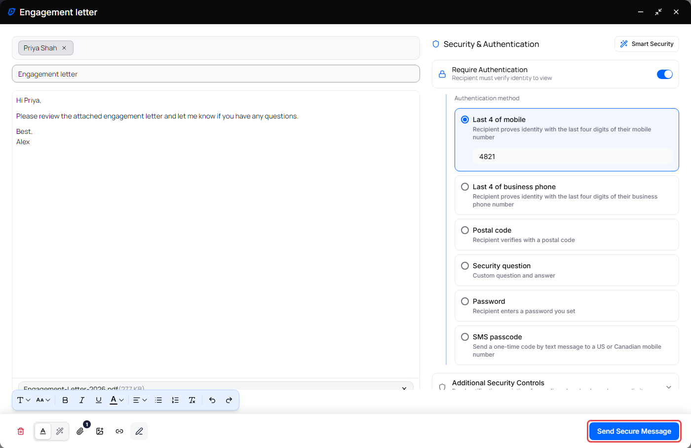 Compose window in full screen with a recipient, subject, message, one attachment and the Security & Authentication panel