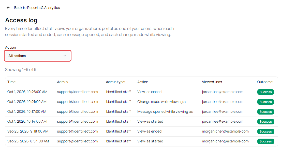 Access log with view-as sessions by Identillect staff