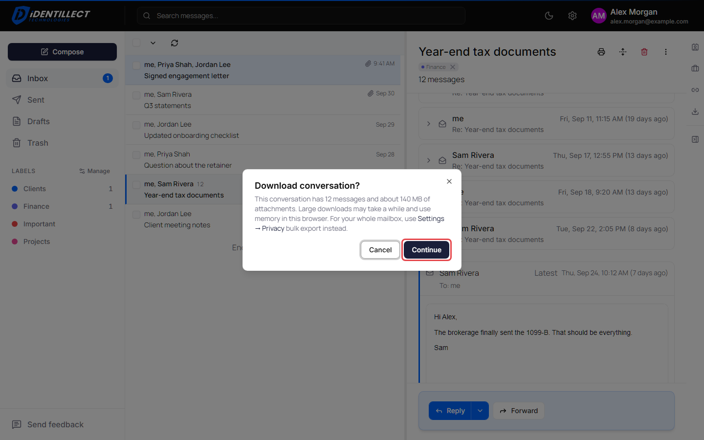 Download conversation confirmation
